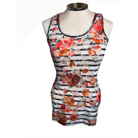 Y2K Almost Famous Mesh Floral Striped Tank Top layer Grunge Whimsigoth - Picture 1 of 12